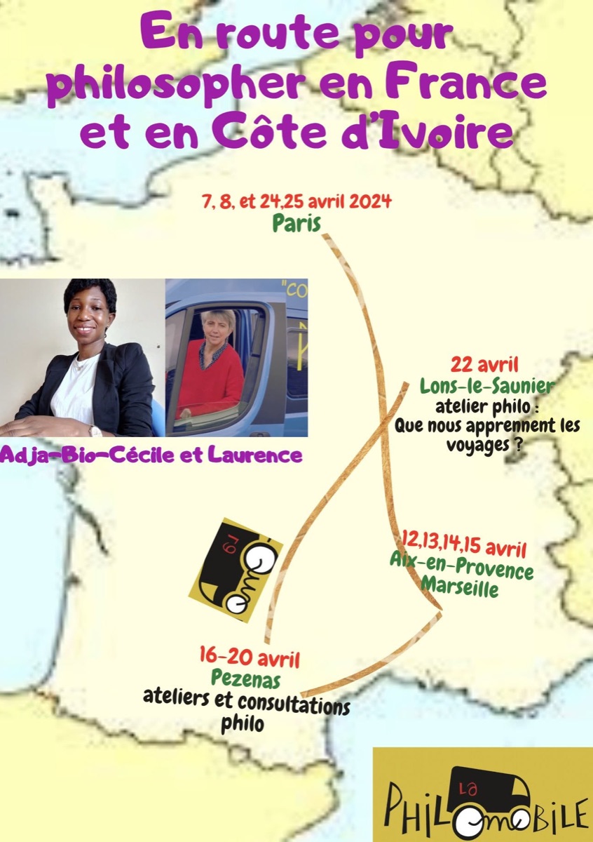 Carte du voyage « En route pour philosopher en France et en Côte d’Ivoire », avec les villes-étapes d’avril 2024 : Paris, Lons-le-Saunier, Aix-en-Provence, Marseille, Pézenas.