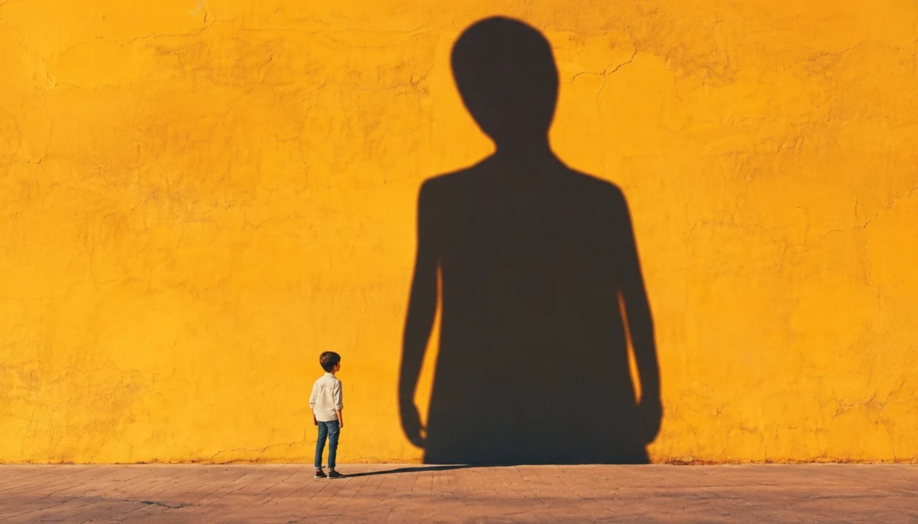 Photographie : un petit garçon, debout de dos au pied d’un grand mur jaune ocre, lève les yeux vers une ombre immense projetée sur le mur, bien plus grande que lui.