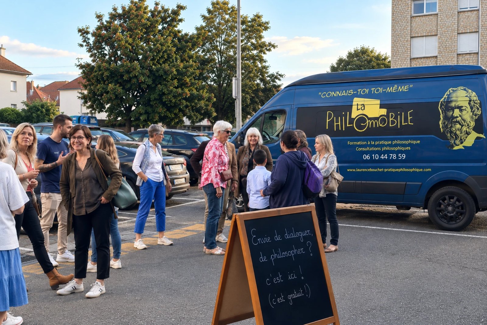 La Philomobile, una furgoneta azul con la inscripción «Conócete a ti mismo» (en francés), aparcada en un estacionamiento. Delante, algunos transeúntes conversan en pequeños grupos; en primer plano, una pizarra anuncia en francés: «¿Ganas de dialogar, de filosofar? ¡Es aquí! (¡Es gratis!)».