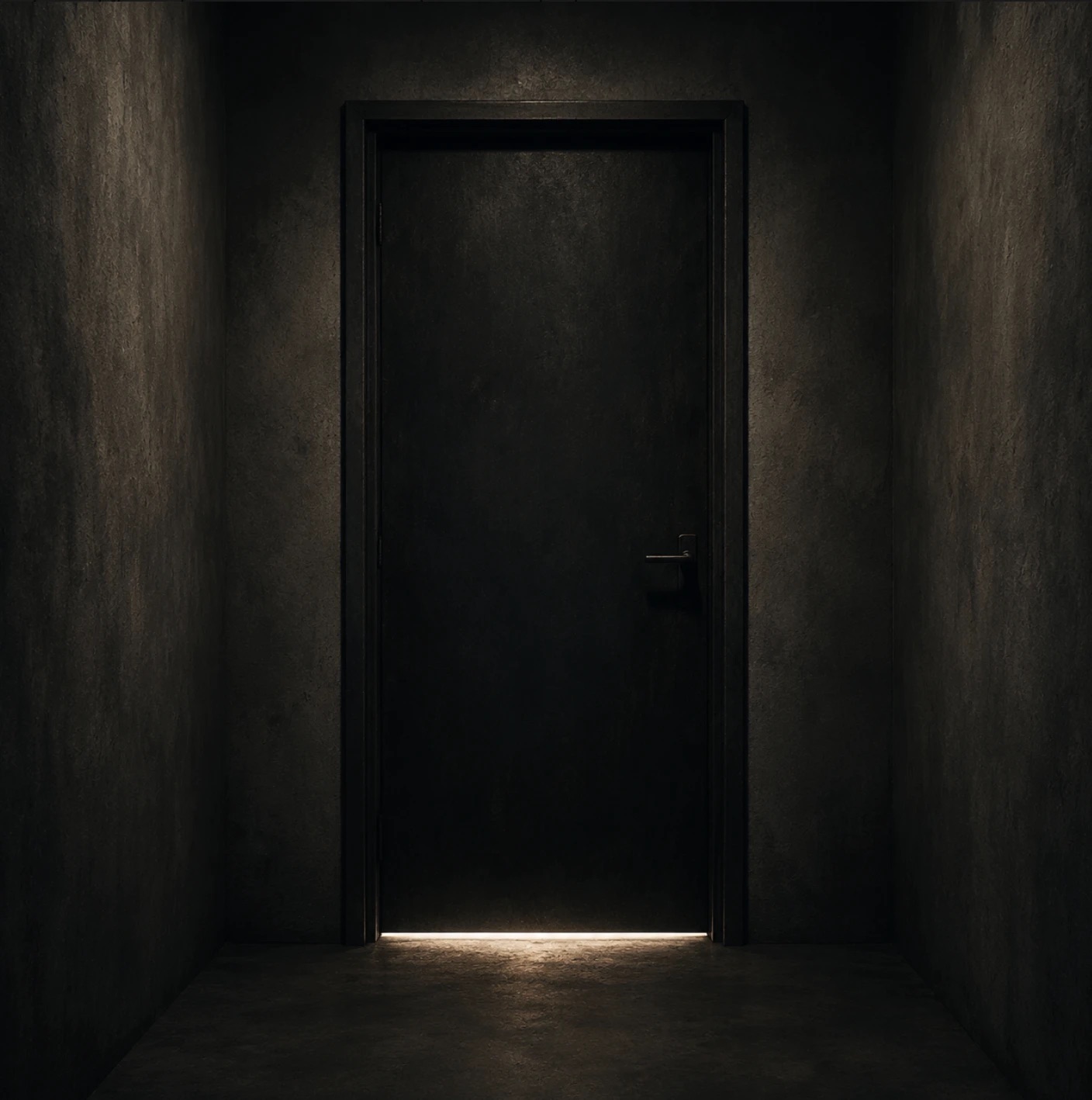 Une porte fermée au fond d’un couloir sombre, avec un mince filet de lumière qui passe sous le battant.