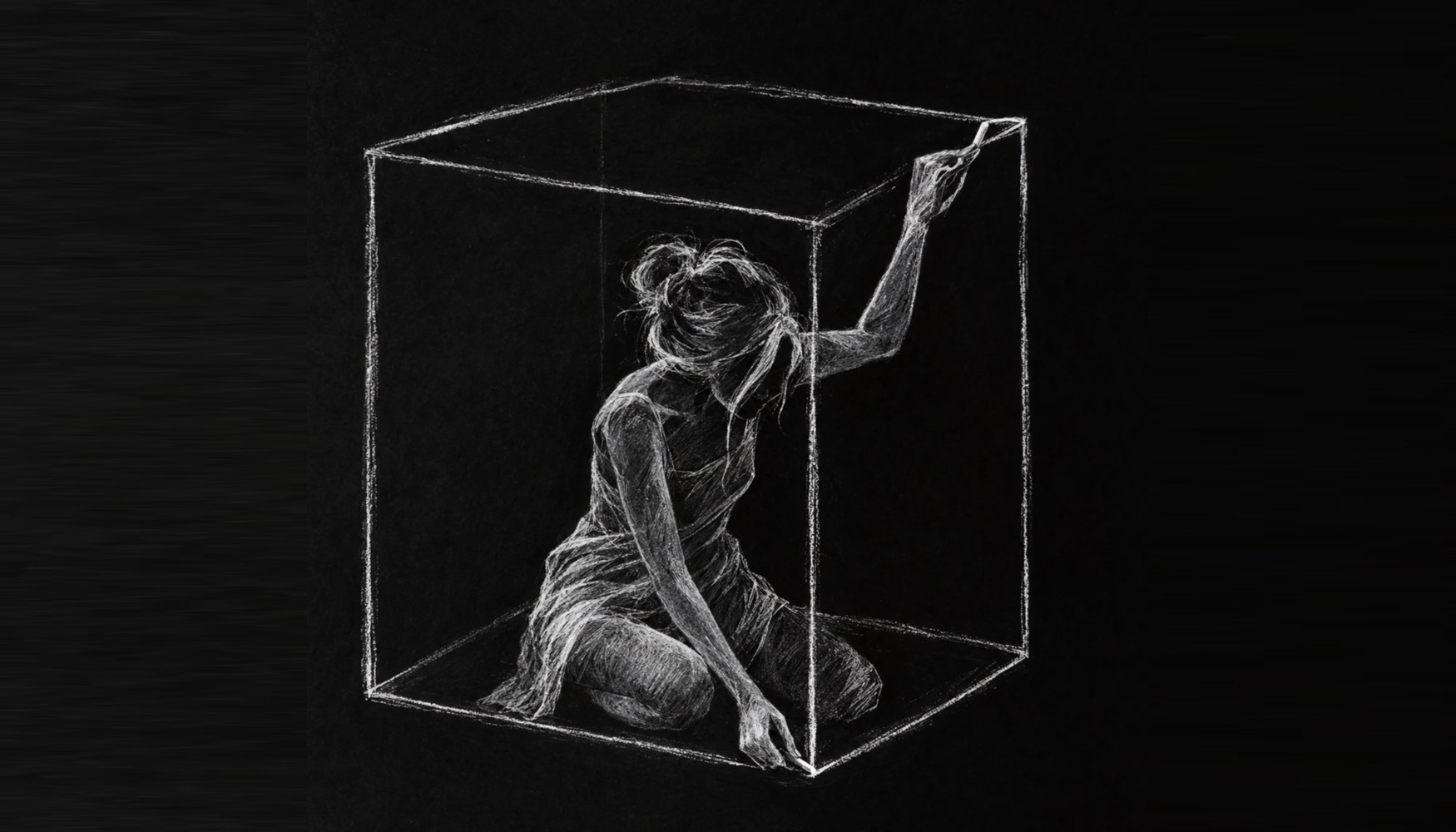 Dessin à la craie blanche sur fond noir : une femme assise, repliée sur elle-même, trace de ses propres mains les arêtes du cube transparent qui l’enferme.