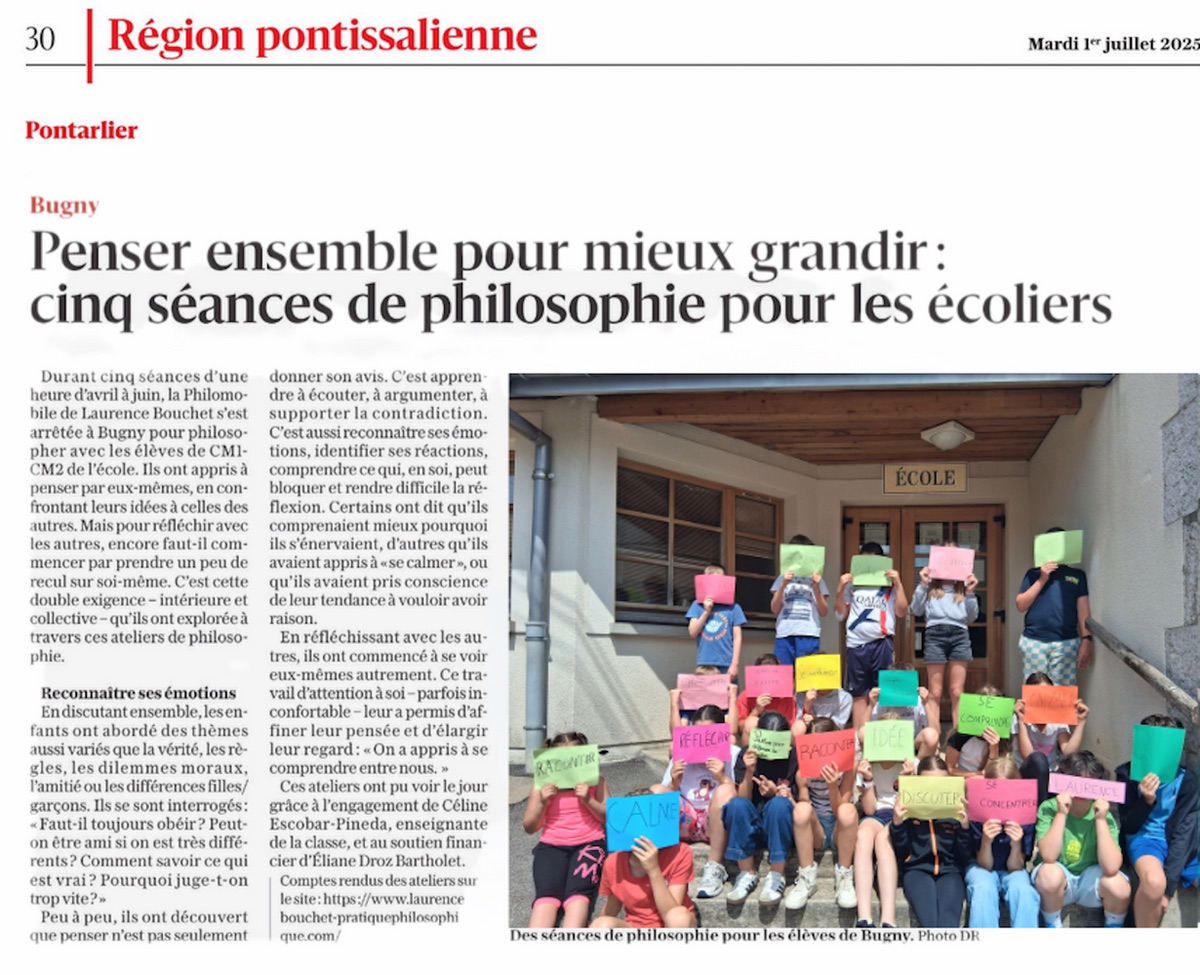 Presse régionale, 1er juillet 2025 : Penser ensemble pour mieux grandir : cinq séances de philosophie pour les écoliers