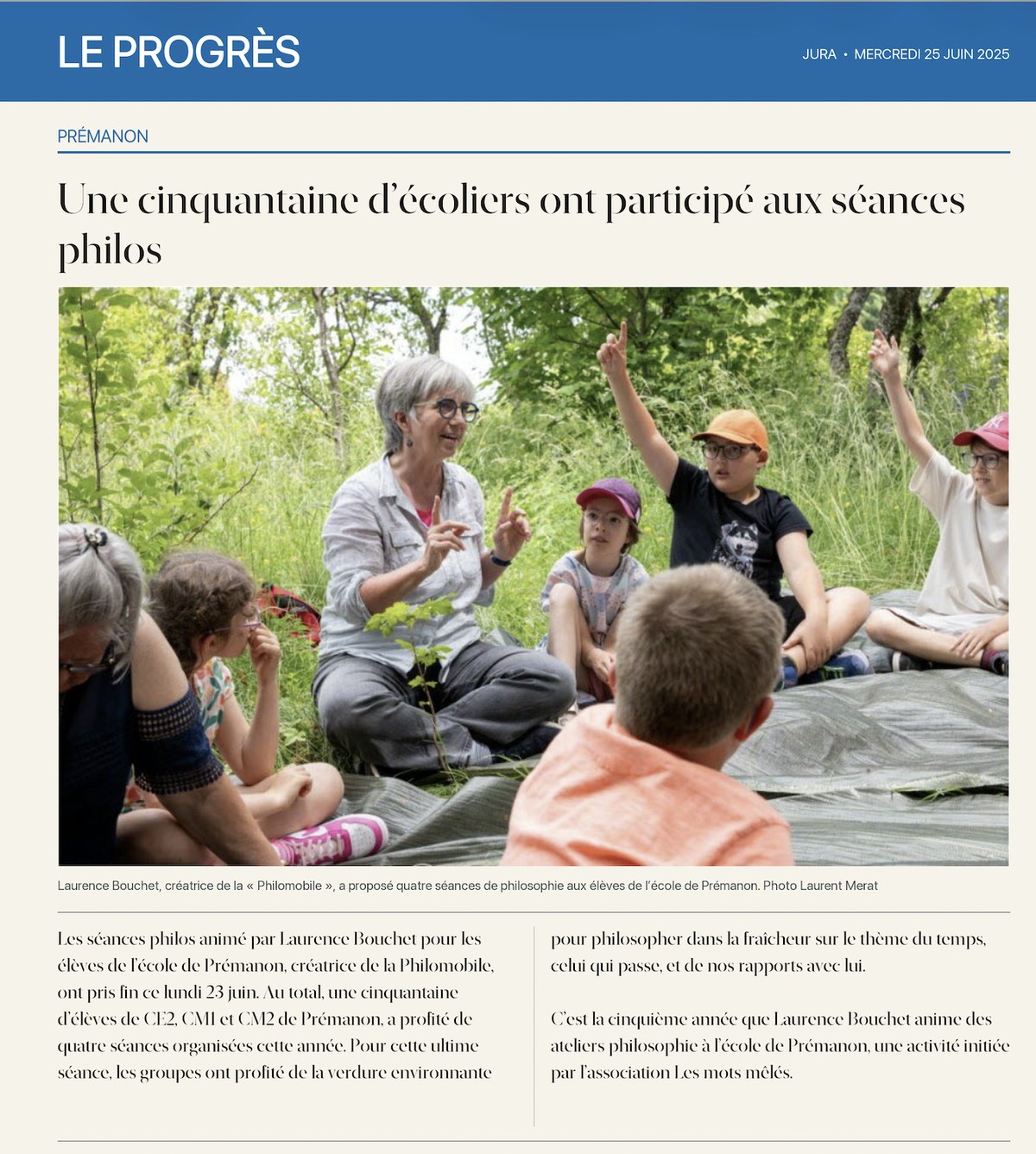 Le Progrès, 25 juin 2025 : Une cinquantaine d’écoliers ont participé aux séances philos
