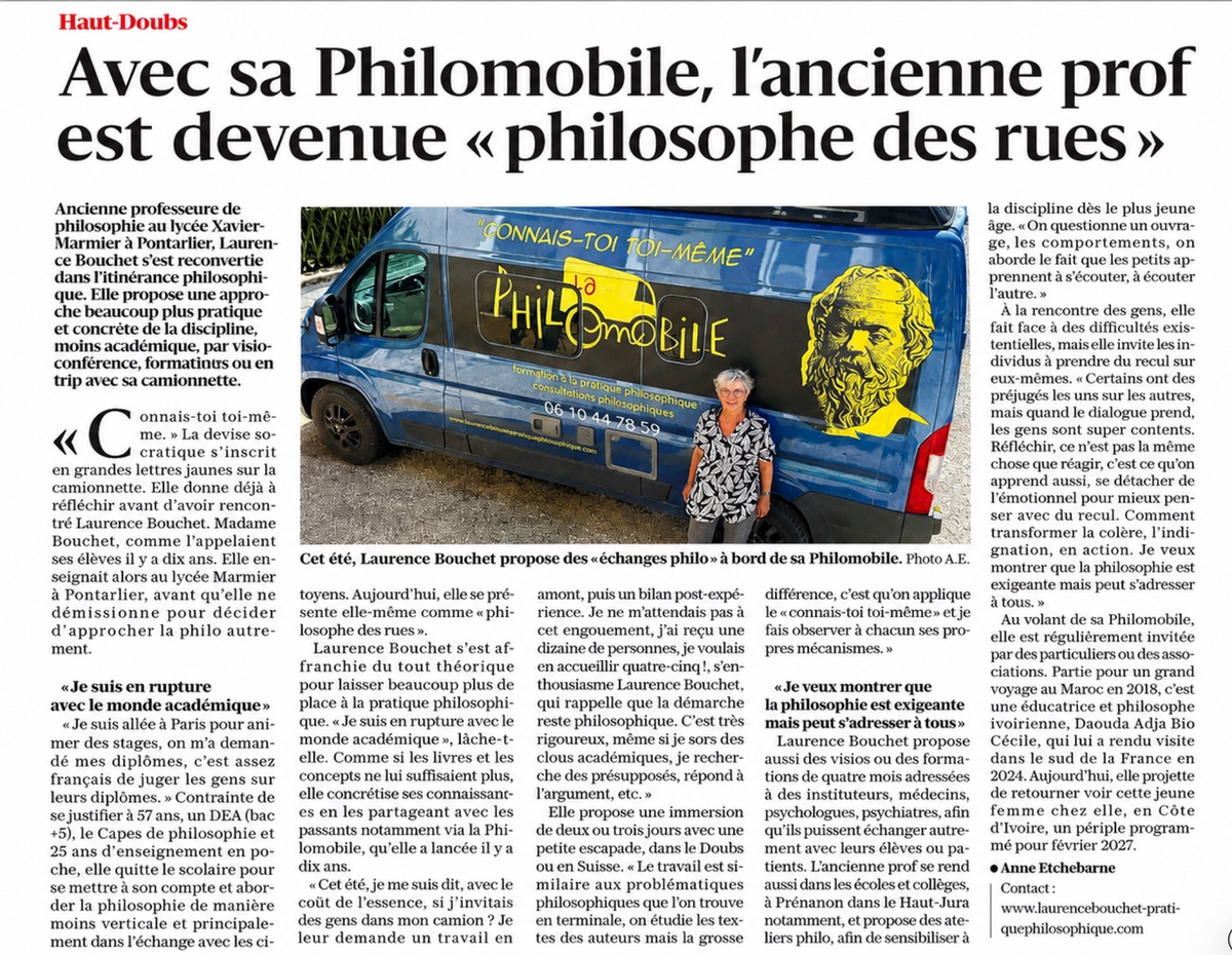Presse régionale, Juillet 2026 : Avec sa Philomobile, l’ancienne prof est devenue philosophe des rues